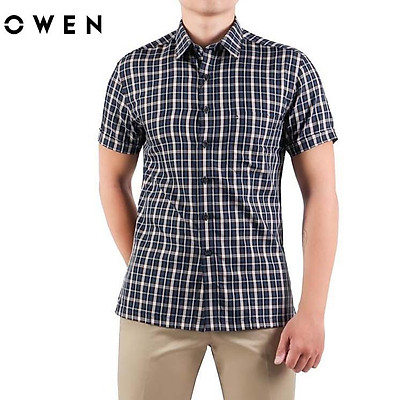 Áo Sơ Mi Nam Tay Ngắn Owen AR220012NT Màu Tím Kẻ Caro Lớn Dáng Suông Tà  Lượn Có Túi Vải Sợi Tre Cao Cấp OwenShop