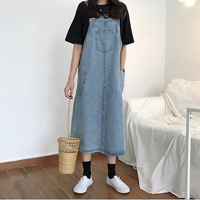 Yếm Váy Jean Dài Nữ Chất Bò Phối Túi Lớn Trước Ngực 412