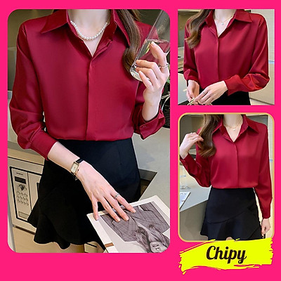 Mua Áo Sơ Mi Nữ Công Sở Màu Đỏ Đô Cổ Đức Chipy Kiểu Hàn Quốc Vintage  Ulzzang Form Rộng Dài Tay Đẹp Chất Lụa Cao Cấp A2D - Đỏ,S(40Kg – 47Kg)
