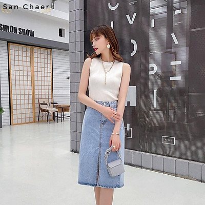 Quần giả váy jean lưng cao phong cách hàn Quốc