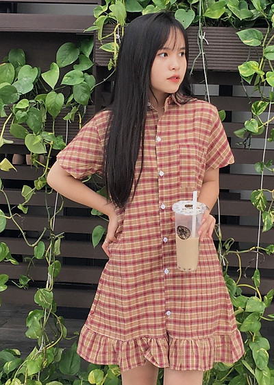 Đầm ôm sát nách Thô kẻ caro vàng nâu đỏ đaie H613116D