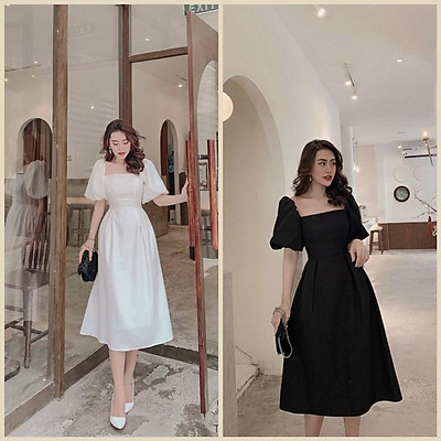 Mua Đầm đen cổ vuông dáng xòe tay phồng cách điệu phía sau lưng  Tiki