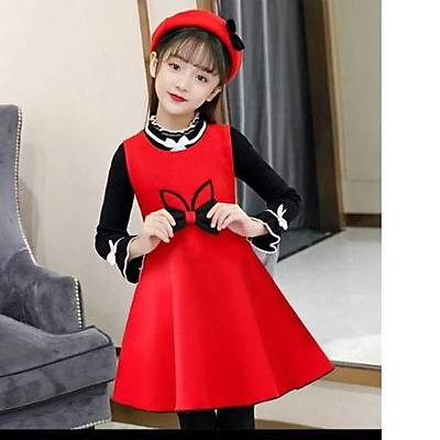 Váy xòe phối ren ngực tay gấu hoa nhí đỏ