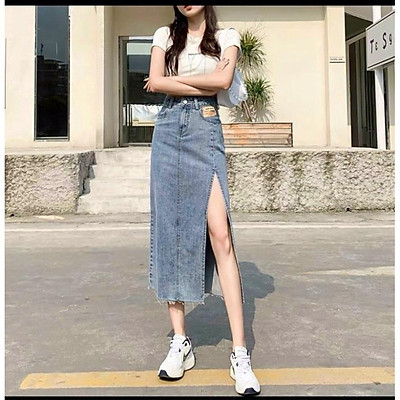 Chân váy jean xẻ đùi Banamo Fashion chân váy bò xẻ tà dáng dài cạp cao  phong cách Ulzzang 564  Chân váy  ThờiTrangNữvn