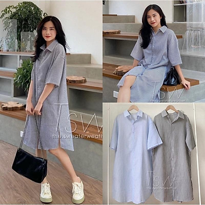 Mua Váy sơ mi form rộng kẻ dáng suông xẻ tà Đầm sơ mi ngắn tay kẻ sọc Hàn  Quốc  Tiki