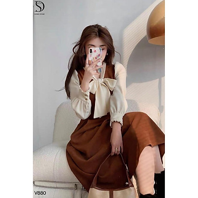 Váy nữ đầm nhung tăm cổ nơ màu nâu cực sang và xinh kèm ảnh thật trải sàn