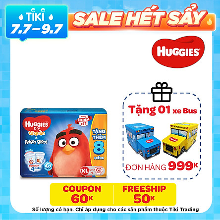 Tã Quần Huggies Dry Gói Cực Đại Angry Birds Phiên Bản Giới Hạn XL62 (62 Miếng) - Tặng 8 Miếng