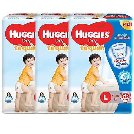 Combo 3 Gói Tã Quần Huggies Dry Gói Cực Đại L68 (68 Miếng) - Bao Bì Mới