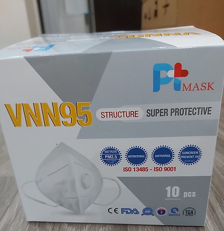 Hộp 10 Cái Khẩu Trang VNN95 PT Mask, Có Van Thở, kháng Khuẩn, Chống Bụi Siêu Mịn PM2.5, Màu Trắng - Đạt Các Chứng Chỉ ISO 13485, ISO 9001, CE, FDA.