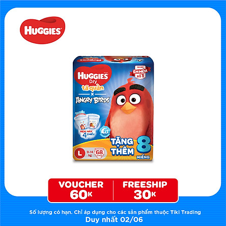 Tã Quần Huggies Dry Gói Cực Đại Angry Birds Phiên Bản Giới Hạn L68 (68 Miếng) - Tặng 8 Miếng