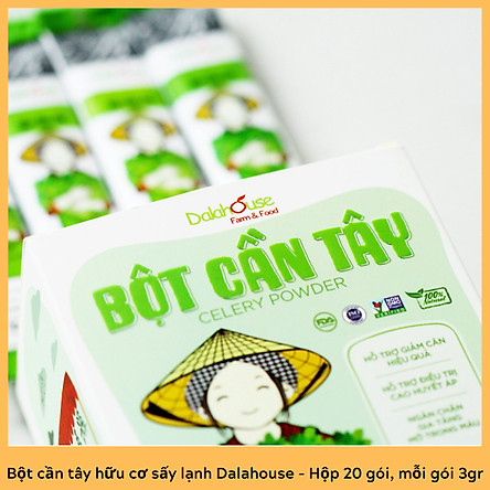 Bột cần tây hữu cơ nguyên chất sấy lạnh Dalahouse - Hộp 20 gói nhỏ 3gr định lượng sẵn cho 1 lần sử dụng - Hỗ trợ giảm cân, cao huyết áp, ngăn chặn gia tăng mỡ trong máu