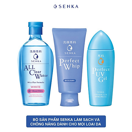 Bộ sản phẩm Senka làm sạch và chống nắng dành cho mọi loại da (Tẩy trang Senka White 230ml + Sữa Rửa Mặt Senka Whip 120g + Gel chống nắng Senka UV Gel 80ml)