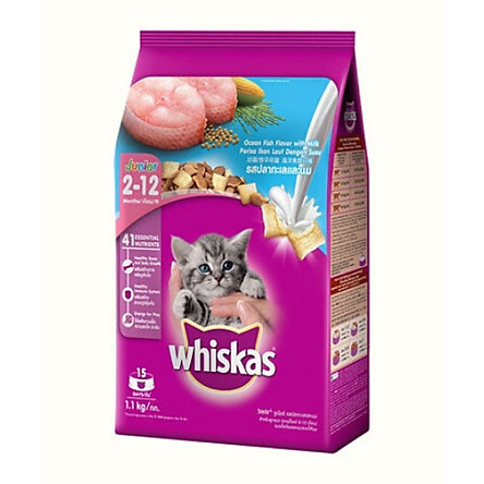 Combo thức ăn cho mèo con Whiskas vị cá biển và sữa 1,1kg + Pate mèo con vị cá ngừ 85g