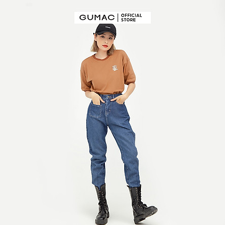 Áo thun nữ thiết kế cổ tròn phối bo tay áo khác màu in hình sticker GUMAC ATB519