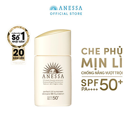 Bộ đôi Kem chống nắng dưỡng da dạng sữa bảo vệ hoàn hảo Anessa Perfect UV Sunscreen Skincare Milk SPF 50+ PA++++ 60ml + Kem nền trang điểm BB chống nắng dưỡng da Anessa SPF 50+ PA++++ 25ml