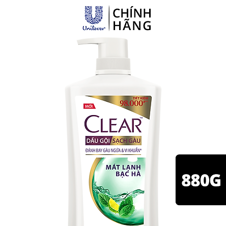 Dầu Gội đầu Sạch Gàu Clear Mát Lạnh Bạc Hà Đánh Bay Gàu Ngứa Vi Khuẩn 880g