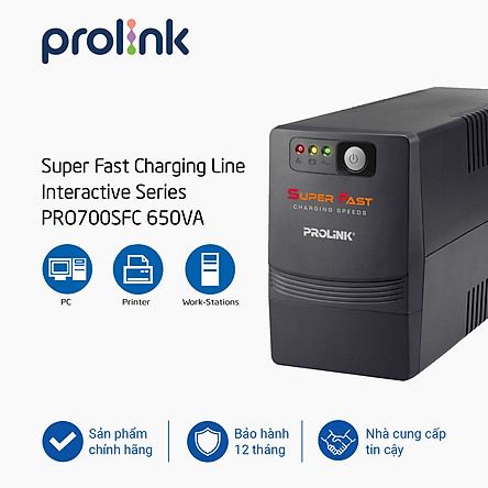 Bộ nguồn cấp điện liên tục UPS PROLINK 650VA (PRO700SFC) Công suất 360W, công nghệ Line Interactive tích hợp bộ AVR, sạc siêu nhanh - Hàng chính hãng