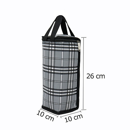 Túi giữ nhiệt bình nước caro thổ cẩm màu xám