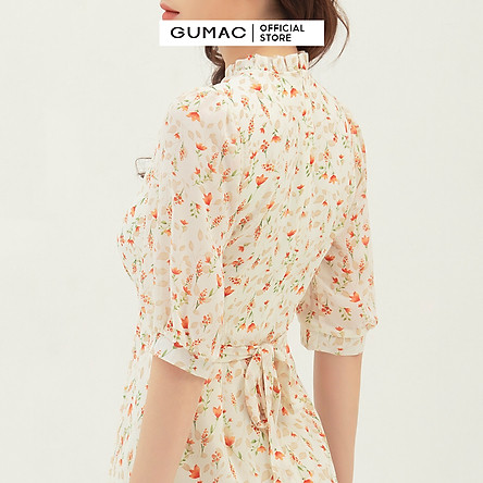 Đầm nữ dáng xòe họa tiết hoa thiết kế buộc eo nhún cổ GUMAC DB3110