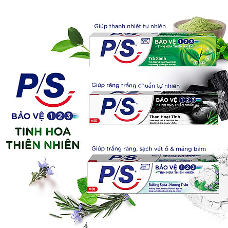 Combo 3 Kem Đánh Răng P/S: Bảo Vệ 123 Nha Đam - Mẫu Đơn (180g) + Than Hoạt Tính & Tre (180g) + 123 Trà Xanh (190g)