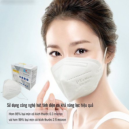 Hộp 10 Cái Khẩu Trang VNN95 PT Mask, 5 Lớp, kháng Khuẩn, Chống Bụi Siêu Mịn PM2.5, Màu Trắng - Đạt Các Chứng Chỉ ISO 13485, ISO 9001, CE, FDA, TGA.