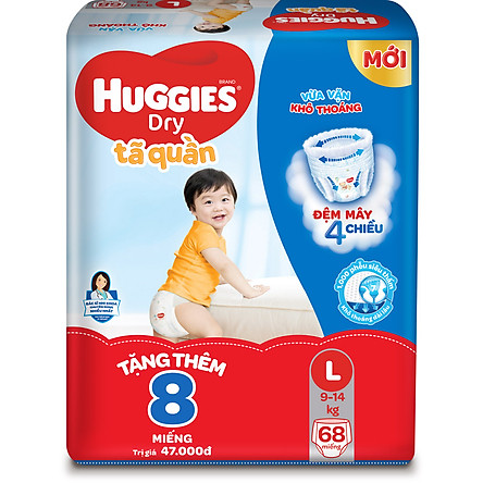 Tã Quần Huggies Dry Gói Cực Đại L68 (68 Miếng) - Tặng Thêm 8 Miếng