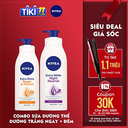 Bộ đôi chăm sóc phục hồi da Sữa Dưỡng Thể Dưỡng Trắng NIVEA Ban Ngày Giúp Phục Hồi & Chống Nắng SPF30 (350ml) - 88311 & Sữa Dưỡng Thể Dưỡng Trắng NIVEA Giúp Phục Hồi & Săn Da Ban Đêm (400ml) – 88126