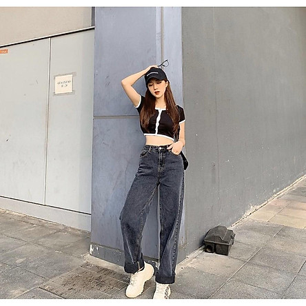  QUẦN JEAN DÀI ỐNG RỘNG LƯNG CAO XÁM ĐEN TRƠN BASIC - QUẦN BÒ NỮ CULOTTES SUÔNG 60