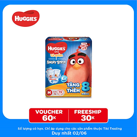 Tã Quần Huggies Dry Gói Cực Đại Angry Birds Phiên Bản Giới Hạn M74 (74 Miếng) - Tặng 8 Miếng