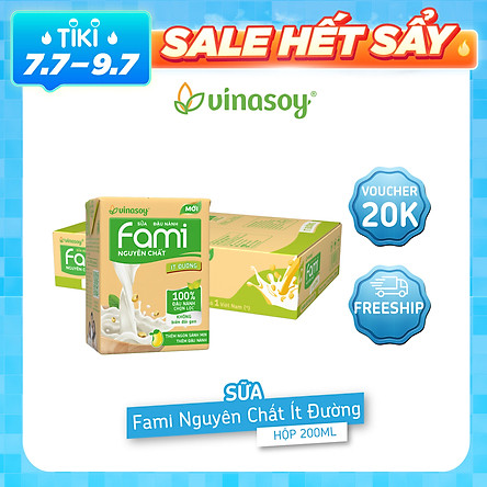 Thùng Sữa đậu nành Fami Nguyên Chất ít đường (200ml x 36 Hộp)