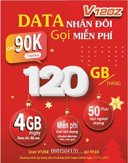 SIM 4G VIETTEL V120Z - ĐĂNG KÝ ĐÚNG CHỦ ( 90.000/tháng: Có 4Gb/ngày, Gọi nội mạng miễn phí tất cả cuộc gọi dưới 20 phút, ngoại mạng 50 phút miễn phí) - Hàng Chính Hãng