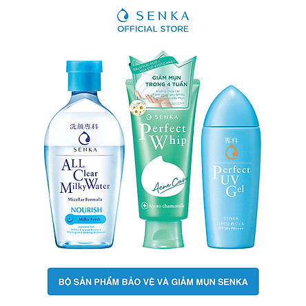 Bộ sản phẩm bảo vệ và giảm mụn Senka (Sữa tẩy trang Milky 230ml + Sữa rửa mặt Acne 100g + Chống nắng UV Gel 80ml)