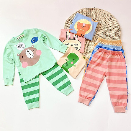 Bộ Cotton 100% (mẫu 5) Minky mom in hình thú quần sọc cho bé trai và bé gái (5-18kg)