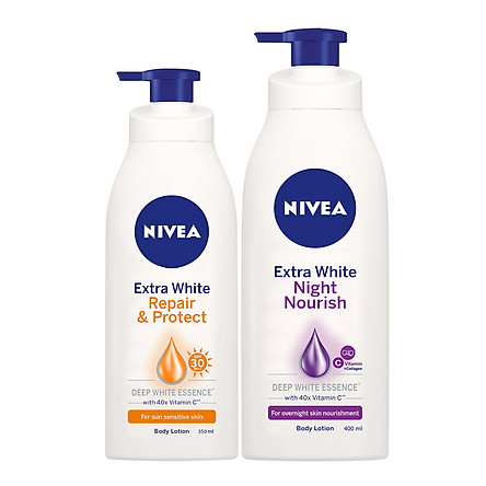 Bộ đôi chăm sóc phục hồi da Sữa Dưỡng Thể Dưỡng Trắng NIVEA Ban Ngày Giúp Phục Hồi & Chống Nắng SPF30 (350ml) - 88311 & Sữa Dưỡng Thể Dưỡng Trắng NIVEA Giúp Phục Hồi & Săn Da Ban Đêm (400ml) – 88126