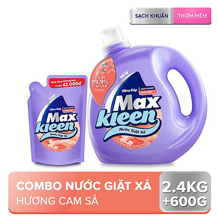 Combo Nước giặt xả Maxkleen Hương Cam sả: 1 Chai 2.4kg + 1 Túi 600g