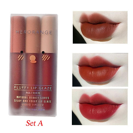 Son Kem Lì HERORANGE Siêu Xinh Mềm - Mịn Mượt - Lâu Trôi - An Toàn Fluffy Lip Glaze SET 3 Cây - Set A & B - Hàng AUTH