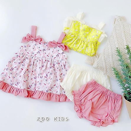Váy đầm hoa cho bé gái kèm quần chip kiểu 2 dây nơ xinh cho bé từ 8kg đến 20kg