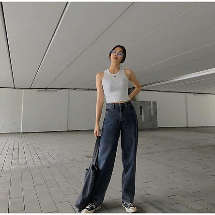  QUẦN JEAN DÀI ỐNG RỘNG LƯNG CAO XÁM ĐEN TRƠN BASIC - QUẦN BÒ NỮ CULOTTES SUÔNG 60