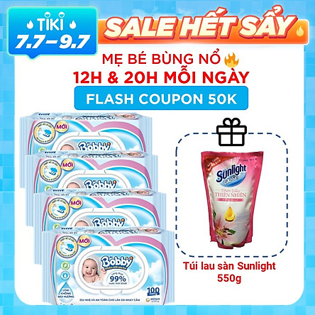 Combo Tiết Kiệm - 4 Gói Khăn Ướt Bobby Care Không Hương 100 Tờ/Gói