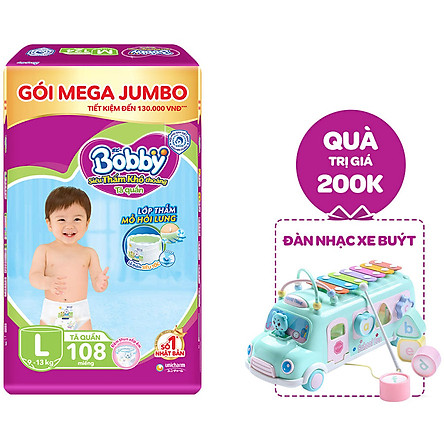 Tã Quần Bobby - Đệm Lưng Thấm Mồ Hôi L108 (108 Miếng) - Tặng 1 Đàn Nhạc Xe Bus