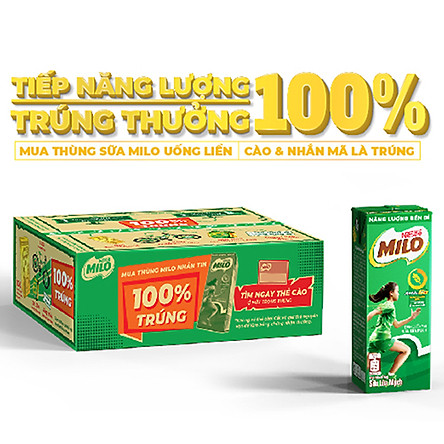 Sữa Lúa Mạch Nestlé MILO Thùng 48 Hộp x 180ml (12 x 4 x 180ml) - Phiên bản khuyến mãi 100%