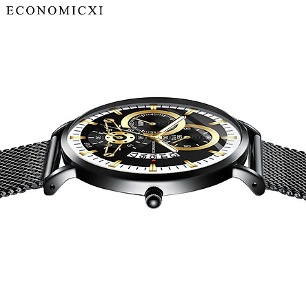 Đồng hồ nam cao cấp, đồng hồ nam đeo tay, đồng hồ nam chính hãng ECONOMICXI mẫu HOT dây thép lưới đen có lịch ngày - Thiết Kế Cá Tính ECN2V