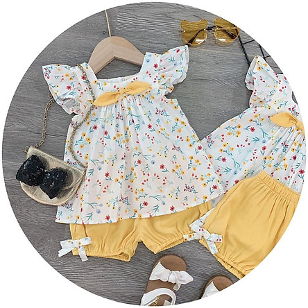 Bộ quần áo bé gái chất thô đũi mềm mại kiểu hoa nhí tay con nơ vàng cho bé gái từ 8kg đến 20kg