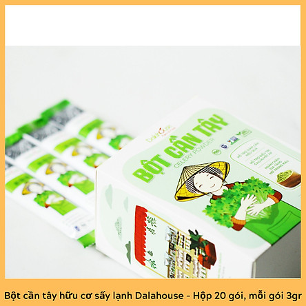 Bột cần tây hữu cơ nguyên chất sấy lạnh Dalahouse - Hộp 20 gói nhỏ 3gr định lượng sẵn cho 1 lần sử dụng - Hỗ trợ giảm cân, cao huyết áp, ngăn chặn gia tăng mỡ trong máu