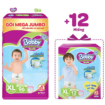 Tã quần Bobby Mega Jumbo XL96 - Siêu mỏng khô thoáng bất ngờ - Tặng thêm 12 miếng