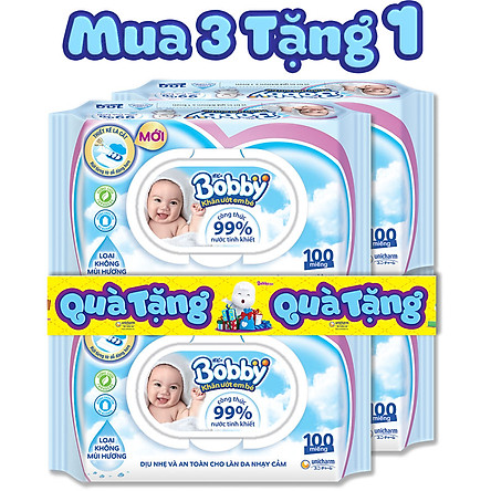 Combo Tiết Kiệm 3 Gói Khăn Ướt Bobby Care Không Hương 100 Tờ/Gói - Tặng 1 Gói Cùng Loại