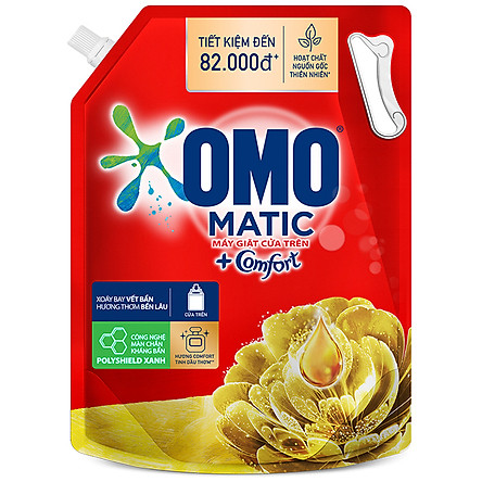 Nước giặt OMO Matic Comfort hương Tinh dầu thơm cho máy giặt cửa trên, xoáy bay vết bẩn, hương thơm bền lâu, túi 3.7kg