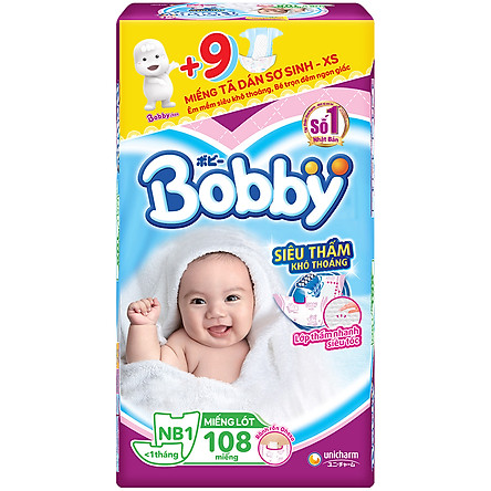 Miếng Lót Sơ Sinh Bobby Fresh Newborn 1 - 108 (108 Miếng) + 9 Miếng Tã Dán Sơ Sinh Size XS