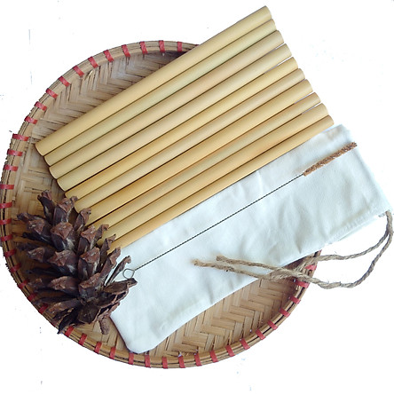 Bộ 10 Ống hút tre (Bamboo straws), Túi vải canvas và Cọ rửa ống hút