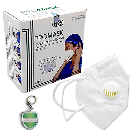 Hộp 5 cái Khẩu trang N95 Pro Mask, có van thở, kháng khuẩn, chống bụi siêu mịn PM2.5, màu trắng - ISO13485, CE, FDA - xuất khẩu Châu Âu , Mỹ ; Tặng móc treo khóa mica